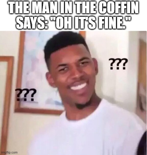 Nibba wut? | THE MAN IN THE COFFIN SAYS: "OH IT'S FINE." | image tagged in nibba wut | made w/ Imgflip meme maker
