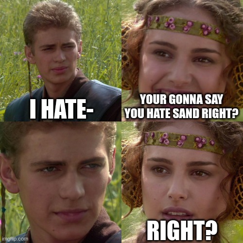 Anakin Padme 4 Panel | I HATE-; YOUR GONNA SAY YOU HATE SAND RIGHT? RIGHT? | image tagged in anakin padme 4 panel | made w/ Imgflip meme maker