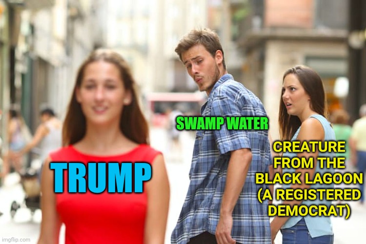 Distracted Boyfriend Meme | TRUMP SWAMP WATER CREATURE FROM THE BLACK LAGOON
(A REGISTERED DEMOCRAT) | image tagged in memes,distracted boyfriend | made w/ Imgflip meme maker
