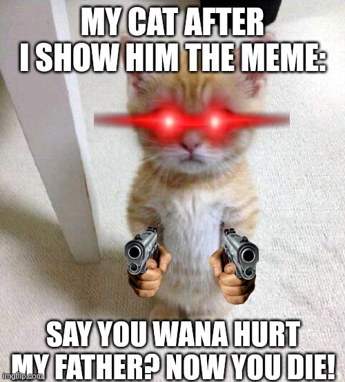Cute Cat Meme | MY CAT AFTER I SHOW HIM THE MEME: SAY YOU WANA HURT MY FATHER? NOW YOU DIE! | image tagged in memes,cute cat | made w/ Imgflip meme maker