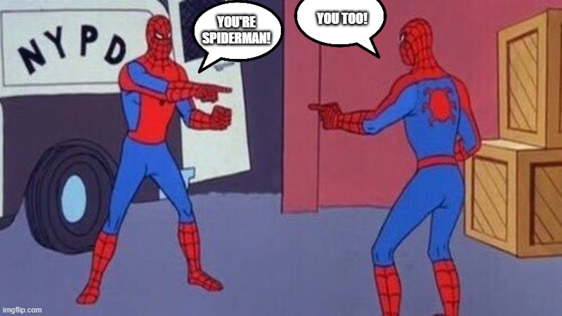 Anti-meme | YOU TOO! YOU'RE SPIDERMAN! | image tagged in spiderman pointing at spiderman | made w/ Imgflip meme maker
