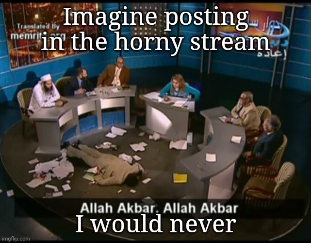 Allah akbar, Allah akbar | Imagine posting in the horny stream; I would never | image tagged in allah akbar allah akbar | made w/ Imgflip meme maker