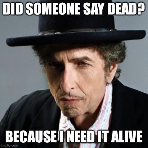 Bob Dylan | DID SOMEONE SAY DEAD? BECAUSE I NEED IT ALIVE | image tagged in bob dylan | made w/ Imgflip meme maker