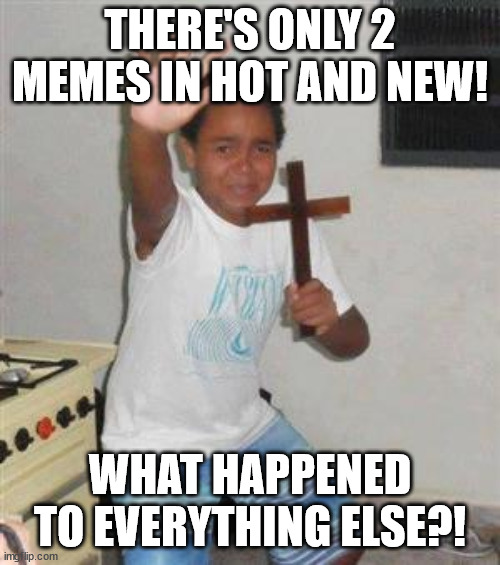 Seriously wth happened | THERE'S ONLY 2 MEMES IN HOT AND NEW! WHAT HAPPENED TO EVERYTHING ELSE?! | image tagged in scared kid,memes | made w/ Imgflip meme maker
