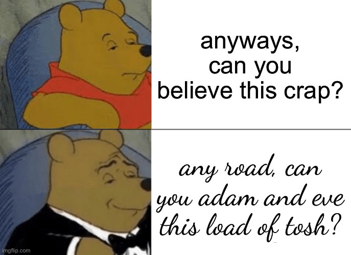 brits | anyways, can you believe this crap? any road, can you adam and eve this load of tosh? | image tagged in memes,tuxedo winnie the pooh,british,funny,true,wow | made w/ Imgflip meme maker