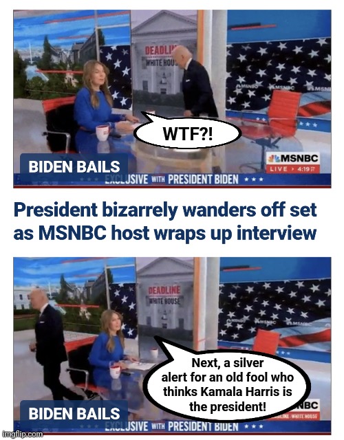 The senile creep wanders off again | WTF?! Next, a silver
alert for an old fool who
thinks Kamala Harris is
the president! | image tagged in memes,joe biden,msnbc,dementia,silver alert,democrats | made w/ Imgflip meme maker