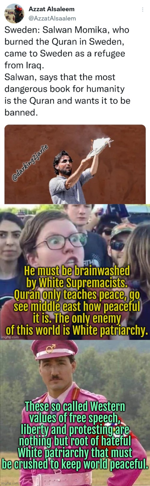 Brown White Supremacists ! | These so called Western values of free speech, liberty and protesting are nothing but root of hateful White patriarchy that must be crushed to keep world peaceful. | image tagged in islamophobia,sweden,europe,liberal logic,religion of peace,white supremacy | made w/ Imgflip meme maker