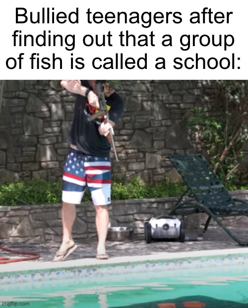 You better run, better run outrun my gun... | Bullied teenagers after finding out that a group of fish is called a school: | image tagged in memes,funny,teenagers,bullying,school shooting,dark humor | made w/ Imgflip meme maker