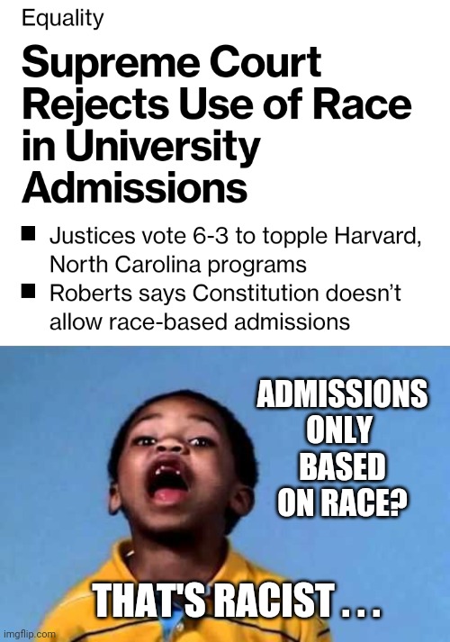 Kid's Got A Point | ADMISSIONS ONLY 
BASED ON RACE? THAT'S RACIST . . . | image tagged in that's racist 2,leftists,liberals,university | made w/ Imgflip meme maker