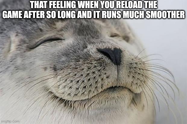 Just me? | THAT FEELING WHEN YOU RELOAD THE GAME AFTER SO LONG AND IT RUNS MUCH SMOOTHER | image tagged in memes,satisfied seal,gaming,relatable | made w/ Imgflip meme maker