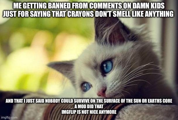 First World Problems Cat | ME GETTING BANNED FROM COMMENTS ON DAMN KIDS JUST FOR SAYING THAT CRAYONS DON’T SMELL LIKE ANYTHING; AND THAT I JUST SAID NOBODY COULD SURVIVE ON THE SURFACE OF THE SUN OR EARTHS CORE
A MOD DID THAT
IMGFLIP IS NOT NICE ANYMORE | image tagged in memes,first world problems cat | made w/ Imgflip meme maker