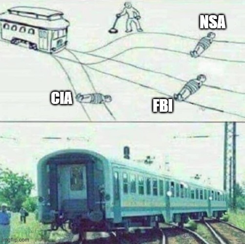 Trolley switch | NSA; CIA; FBI | image tagged in trolley switch with train | made w/ Imgflip meme maker