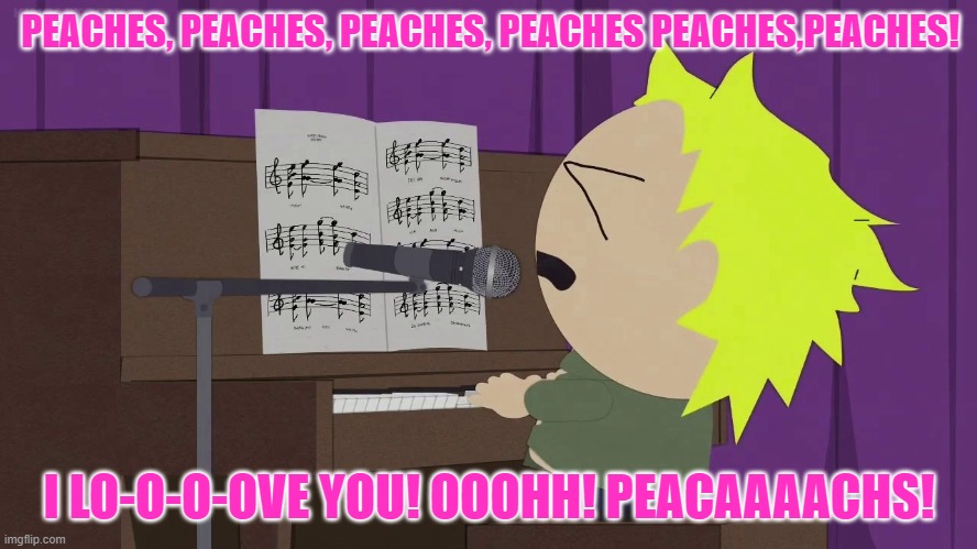 Tweek playing piano | PEACHES, PEACHES, PEACHES, PEACHES PEACHES,PEACHES! I LO-O-O-OVE YOU! OOOHH! PEACAAAACHS! | image tagged in tweek playing piano,memes,south park | made w/ Imgflip meme maker