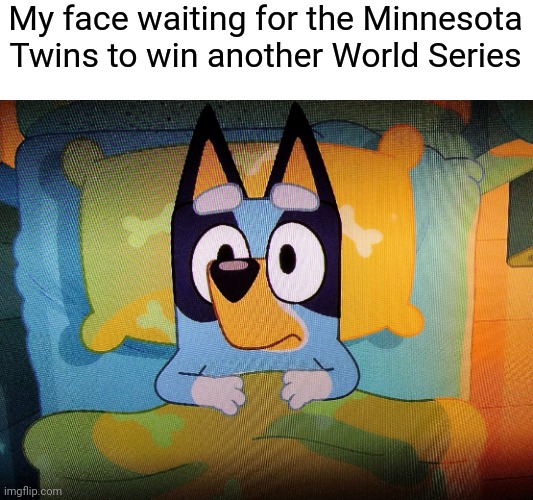 Why can't they win a World Series in over 35 years | My face waiting for the Minnesota Twins to win another World Series | image tagged in bluey in bed,memes,mlb,twins,world series | made w/ Imgflip meme maker