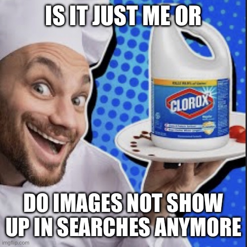 Chef serving clorox | IS IT JUST ME OR; DO IMAGES NOT SHOW UP IN SEARCHES ANYMORE | image tagged in chef serving clorox | made w/ Imgflip meme maker