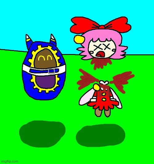 Magolor decapitates Ribbon | image tagged in kirby,gore,blood,parody,cute,fanart | made w/ Imgflip meme maker