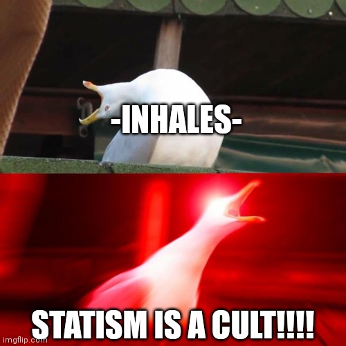 Inhales Seagull | -INHALES-; STATISM IS A CULT!!!! | image tagged in inhales seagull | made w/ Imgflip meme maker