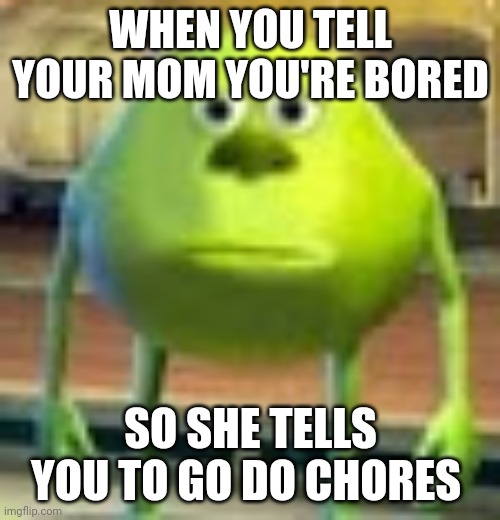 Sully Wazowski | WHEN YOU TELL YOUR MOM YOU'RE BORED; SO SHE TELLS YOU TO GO DO CHORES | image tagged in sully wazowski | made w/ Imgflip meme maker