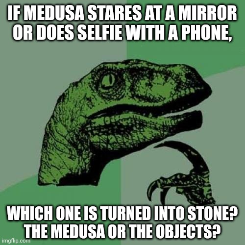 Philosoraptor | IF MEDUSA STARES AT A MIRROR OR DOES SELFIE WITH A PHONE, WHICH ONE IS TURNED INTO STONE?
THE MEDUSA OR THE OBJECTS? | image tagged in memes,raptor,guess | made w/ Imgflip meme maker