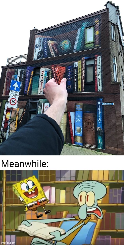 The bookshelf building of books | Meanwhile: | image tagged in squidward reads a book,bookshelf,books,building,optical illusion,memes | made w/ Imgflip meme maker