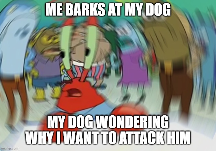 ... | ME BARKS AT MY DOG; MY DOG WONDERING WHY I WANT TO ATTACK HIM | image tagged in memes,mr krabs blur meme | made w/ Imgflip meme maker