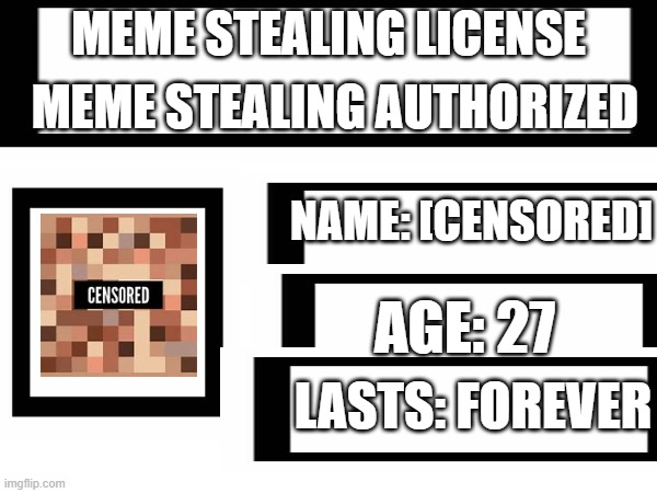 Meme Stealing License (NOT REAL INFO) | MEME STEALING LICENSE; MEME STEALING AUTHORIZED; NAME: [CENSORED]; AGE: 27; LASTS: FOREVER | image tagged in meme stealing license,license | made w/ Imgflip meme maker