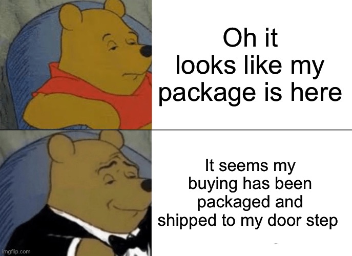 Tuxedo Winnie The Pooh Meme | Oh it looks like my package is here; It seems my buying has been packaged and shipped to my door step | image tagged in memes,tuxedo winnie the pooh | made w/ Imgflip meme maker