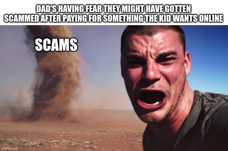 Dads | DAD'S HAVING FEAR THEY MIGHT HAVE GOTTEN SCAMMED AFTER PAYING FOR SOMETHING THE KID WANTS ONLINE; SCAMS | image tagged in here it comes | made w/ Imgflip meme maker