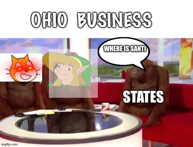 Ohio biscuits Corp | OHIO  BUSINESS; WHERE IS SANTIAGO; STATES | image tagged in where monkey | made w/ Imgflip meme maker