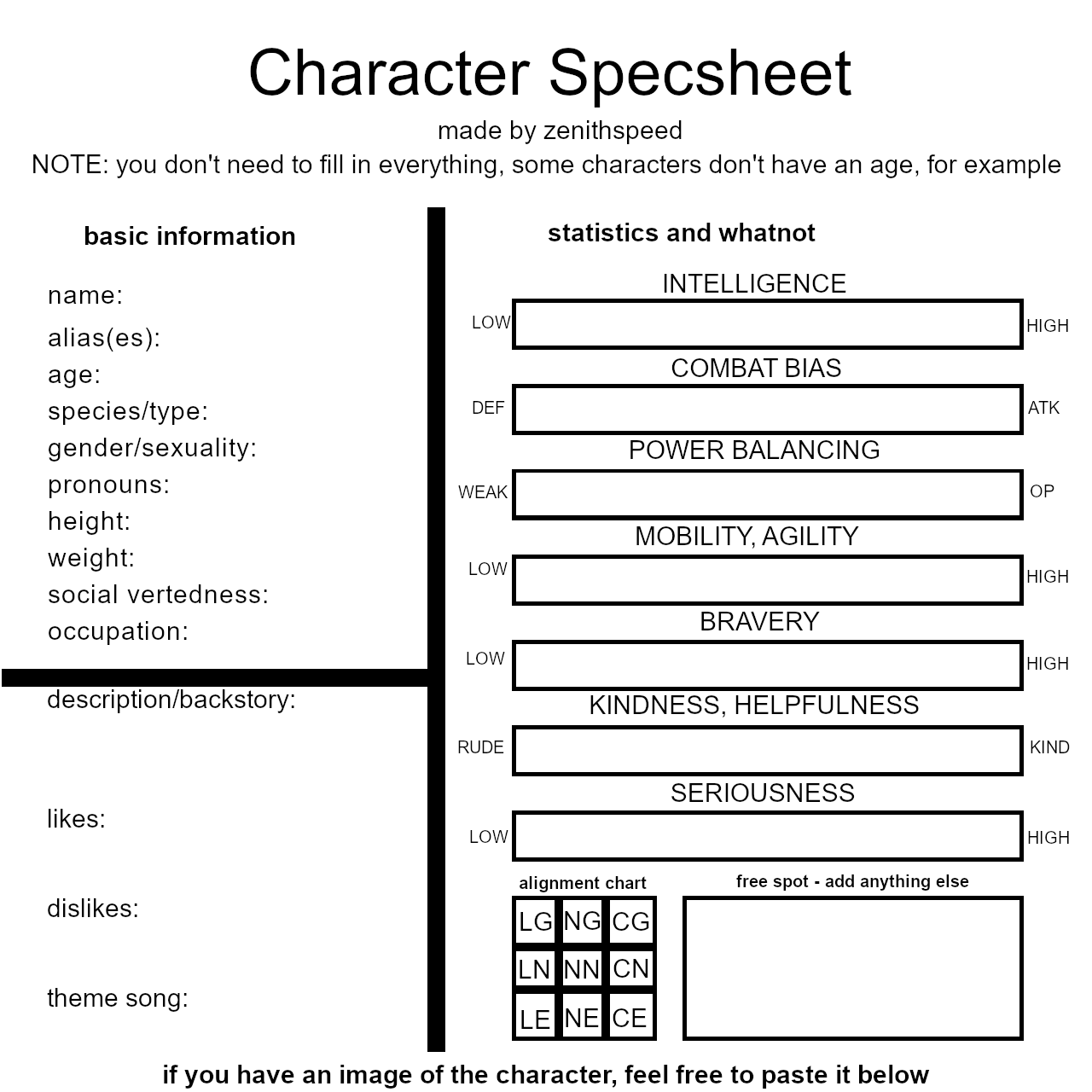 High Quality ZS Character Specsheet Blank Meme Template
