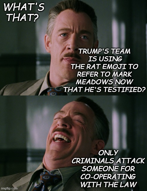 I'd advise the Trump-cult kids to search their feelings but... well... robots don't have feelings. | WHAT'S THAT? TRUMP'S TEAM  IS USING THE RAT EMOJI TO REFER TO MARK MEADOWS NOW THAT HE'S TESTIFIED? ONLY CRIMINALS ATTACK SOMEONE FOR CO-OPERATING WITH THE LAW | image tagged in j jonah jameson laughing | made w/ Imgflip meme maker