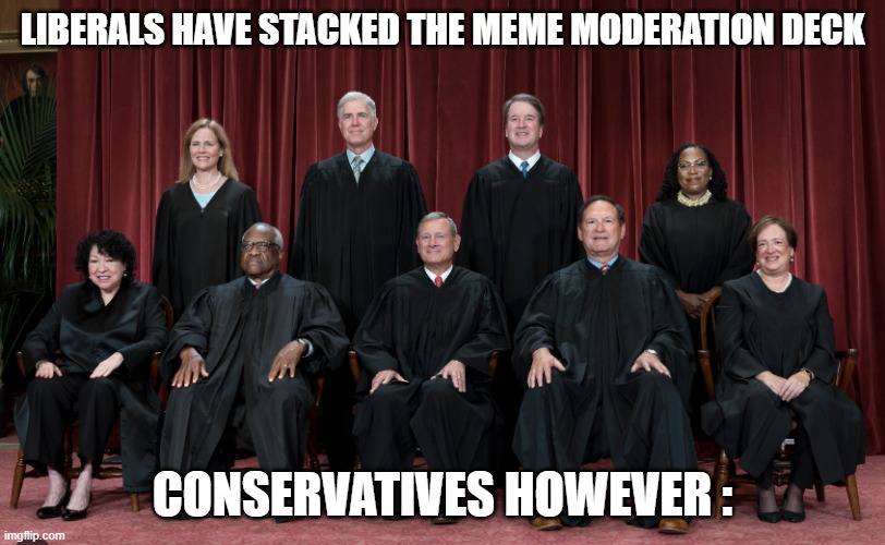 Where it counts | LIBERALS HAVE STACKED THE MEME MODERATION DECK; CONSERVATIVES HOWEVER : | image tagged in scotus,meme,meme wars,political memes,decisions | made w/ Imgflip meme maker