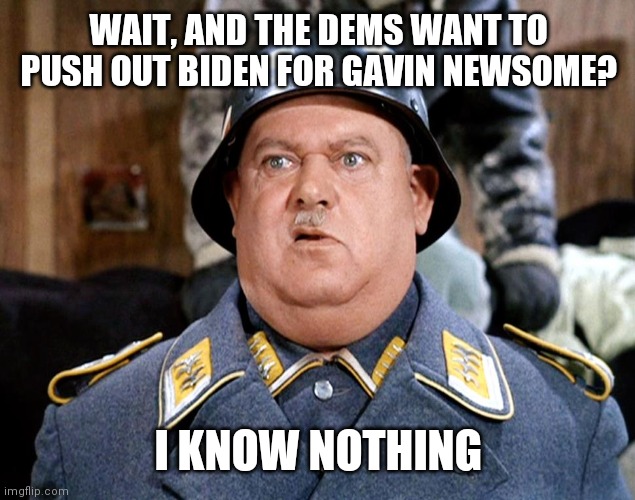 Sgt Shultz | WAIT, AND THE DEMS WANT TO PUSH OUT BIDEN FOR GAVIN NEWSOME? I KNOW NOTHING | image tagged in sgt shultz | made w/ Imgflip meme maker