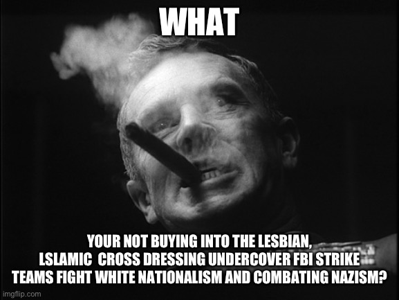 General Ripper (Dr. Strangelove) | WHAT YOUR NOT BUYING INTO THE LESBIAN, LSLAMIC  CROSS DRESSING UNDERCOVER FBI STRIKE TEAMS FIGHT WHITE NATIONALISM AND COMBATING NAZISM? | image tagged in general ripper dr strangelove | made w/ Imgflip meme maker