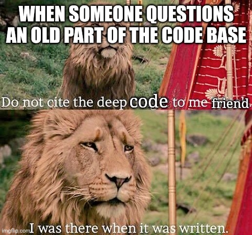 Aslan Magic | WHEN SOMEONE QUESTIONS AN OLD PART OF THE CODE BASE; friend; code | image tagged in aslan magic | made w/ Imgflip meme maker
