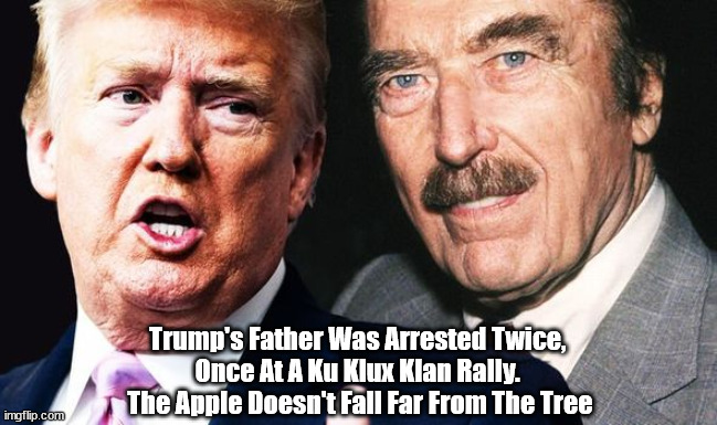"Trump's Father Was Arrested Twice, Once At A Ku Klux Klan Rally" | Trump's Father Was Arrested Twice, 
Once At A Ku Klux Klan Rally. 
The Apple Doesn't Fall Far From The Tree | image tagged in trump,trumps father,ku klux klan,apple doesnt fall far from the tree | made w/ Imgflip meme maker