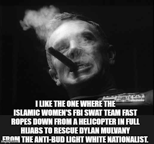 General Ripper (Dr. Strangelove) | I LIKE THE ONE WHERE THE ISLAMIC WOMEN'S FBI SWAT TEAM FAST ROPES DOWN FROM A HELICOPTER IN FULL HIJABS TO RESCUE DYLAN MULVANY FROM THE ANT | image tagged in general ripper dr strangelove | made w/ Imgflip meme maker
