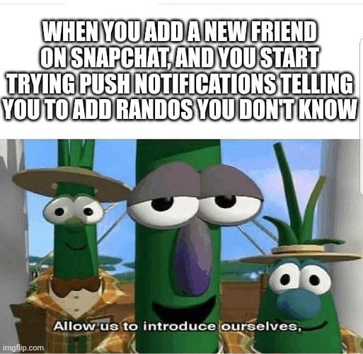 Seriously, who even are you people?! | WHEN YOU ADD A NEW FRIEND ON SNAPCHAT, AND YOU START TRYING PUSH NOTIFICATIONS TELLING YOU TO ADD RANDOS YOU DON'T KNOW | image tagged in allow us to introduce ourselves | made w/ Imgflip meme maker