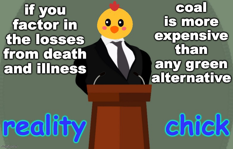 Thanks to Heavencanwait, for showing off this template. Let's make a series! | coal is more expensive than any green alternative; if you factor in the losses from death and illness | image tagged in reality chick,energy,coal,death,money | made w/ Imgflip meme maker