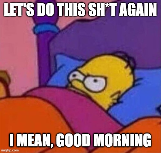 angry homer simpson in bed | LET'S DO THIS SH*T AGAIN I MEAN, GOOD MORNING | image tagged in angry homer simpson in bed | made w/ Imgflip meme maker