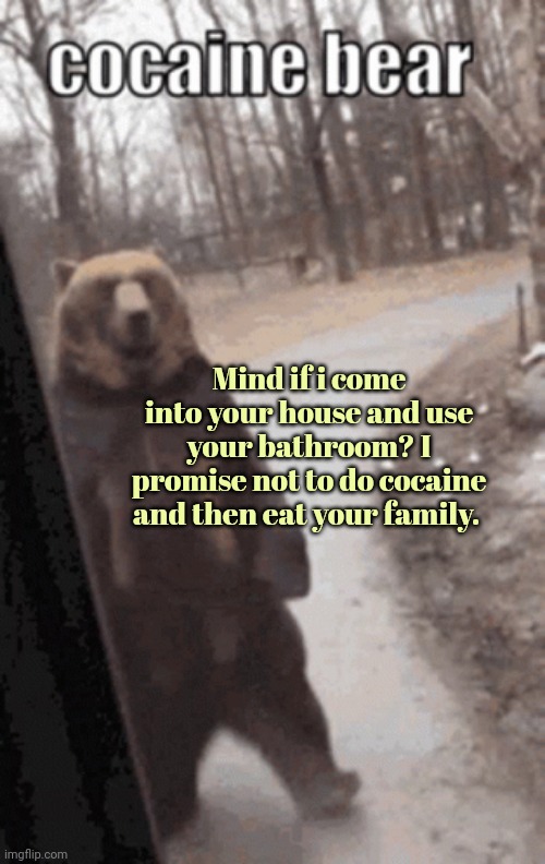 Well ok. That seems reasonable... | Mind if i come into your house and use your bathroom? I promise not to do cocaine and then eat your family. | image tagged in cocaine,bear,loves,coke | made w/ Imgflip meme maker