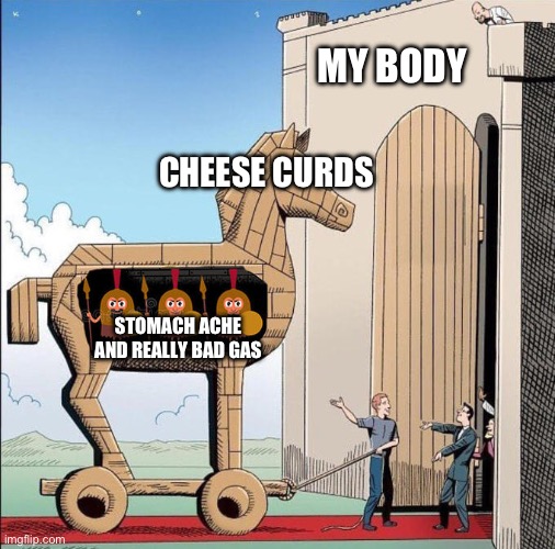 Trojan Horse | MY BODY; CHEESE CURDS; STOMACH ACHE AND REALLY BAD GAS | image tagged in trojan horse,wisconsin | made w/ Imgflip meme maker