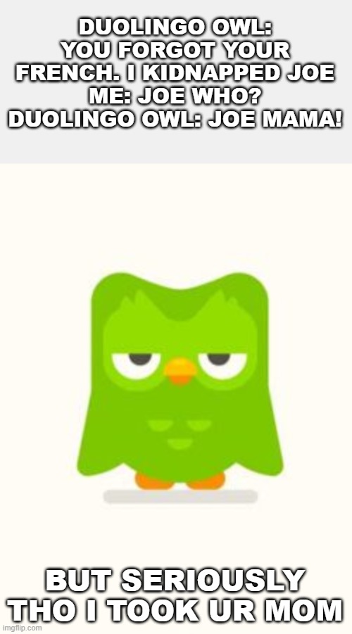 Duolingo owl pt. 2 | DUOLINGO OWL: YOU FORGOT YOUR FRENCH. I KIDNAPPED JOE
ME: JOE WHO?
DUOLINGO OWL: JOE MAMA! BUT SERIOUSLY THO I TOOK UR MOM | image tagged in duolingo,funny,memes,dark humor,hilarious | made w/ Imgflip meme maker