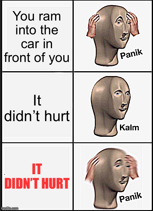Mmm yes very alive | You ram into the car in front of you; It didn’t hurt; IT DIDN’T HURT | image tagged in memes,panik kalm panik | made w/ Imgflip meme maker