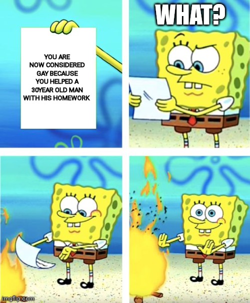 SpongeBob burning paper | WHAT? YOU ARE NOW CONSIDERED GAY BECAUSE YOU HELPED A 30YEAR OLD MAN WITH HIS HOMEWORK | image tagged in spongebob burning paper,funny memes,spongebob,considered gay,gayness | made w/ Imgflip meme maker