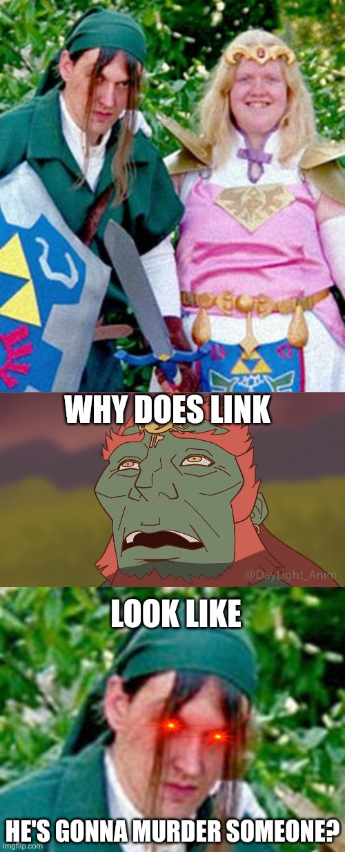 EVIL LINK? | WHY DOES LINK; LOOK LIKE; HE'S GONNA MURDER SOMEONE? | image tagged in the legend of zelda,link,zelda,cosplay fail,cosplay | made w/ Imgflip meme maker