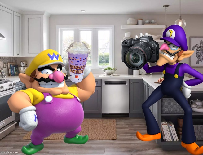 Wario dies after drinking the Grimace shake while filming a review with Waluigi.mp3 | image tagged in kitchen,wario dies,wario,waluigi,grimace shake,mcdonalds | made w/ Imgflip meme maker