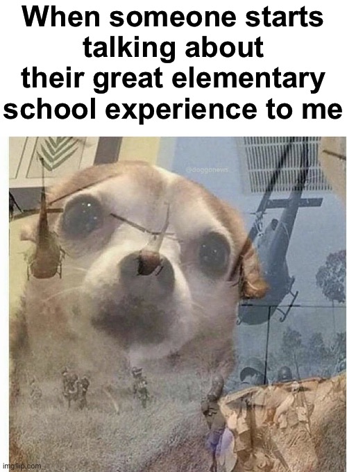 I had a pretty bad one TBH | When someone starts talking about their great elementary school experience to me | image tagged in blank white template,ptsd chihuahua | made w/ Imgflip meme maker