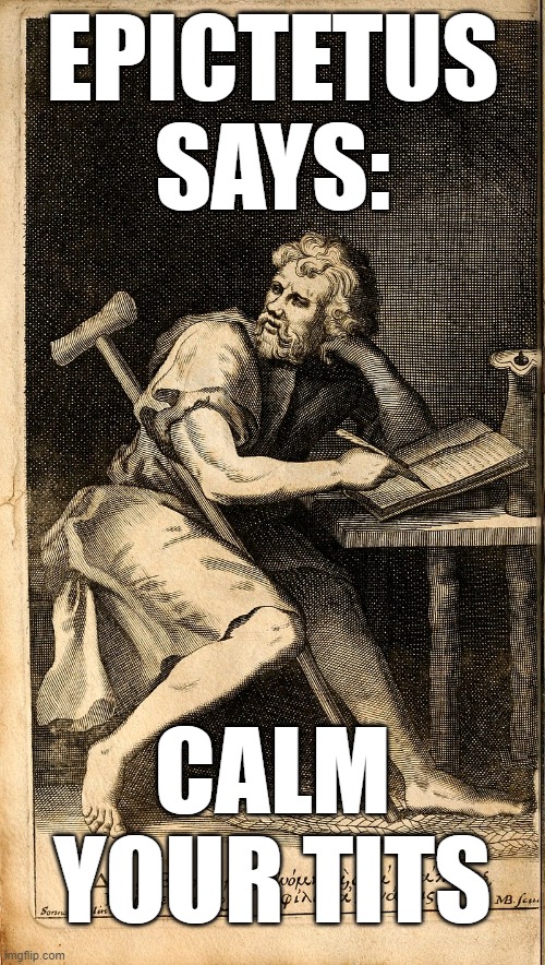 Epictetus says calm your | EPICTETUS SAYS:; CALM YOUR TITS | image tagged in philosophy,calm down | made w/ Imgflip meme maker