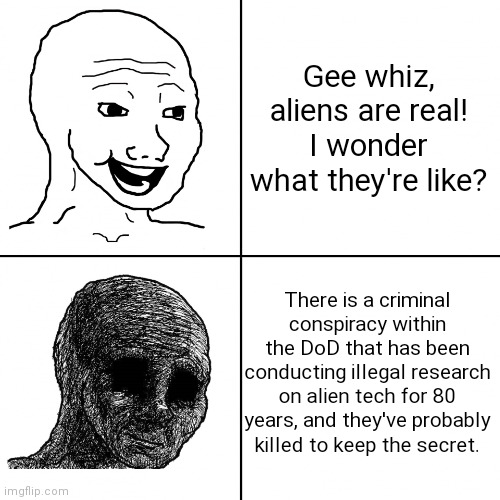 The Public Post-Disclosure | Gee whiz, aliens are real! I wonder what they're like? There is a criminal conspiracy within the DoD that has been conducting illegal research on alien tech for 80 years, and they've probably killed to keep the secret. | image tagged in happy wojak vs depressed wojak,UFOB | made w/ Imgflip meme maker